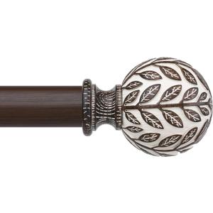 Walnut Wood Curtain Rod 36-122 Inch, Boho Decorative 1 Inch Rustic Curtain Rod for Farmhouse Window, Adjustable Heavy Duty Long Vintage Window Treatment Rods, Imitation Wood Grain Leaf Finial