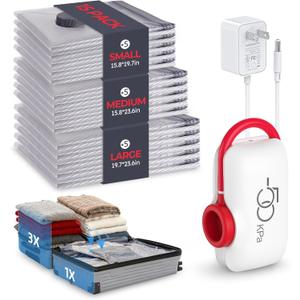 VMstr 15-Pack Vacuum Seal Bags for Clothing with High Pressure DC Electric Pump | Compression Vacuum Bags for Travel & Luggage Packing | Carry-On Size