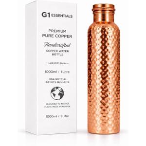 Pure Copper Water Bottle 34 oz, Hammered Drinking Water Bottle, Reusable Ayurvedic Style Bottle for Home Gym Yoga Travel