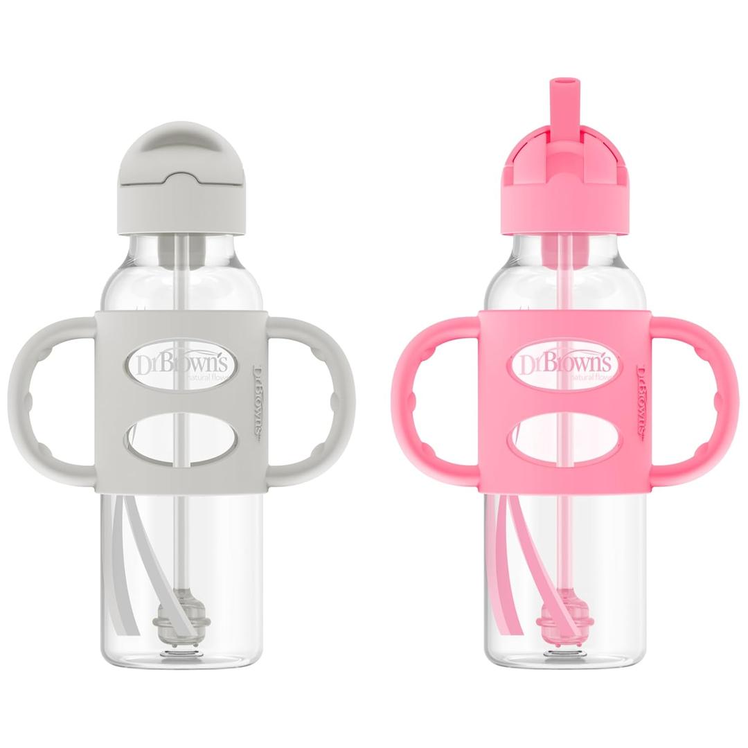 Dr. Brown's Milestones Narrow Sippy Straw Bottle, Spill-Proof with 100% Silicone Handles and Weighted Straw, 8 oz/250 mL, Gray/Pink, 6m+