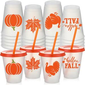 Suttmin 24 Pcs Thanksgiving Plastic Tumbler with Lids Straws 16 oz Thanksgiving Party Plastic Tumbler Reusable Fall Cups for Iced Coffee Tea Drinks Autumn Harvest Party Supplies (Autumn Harvest)
