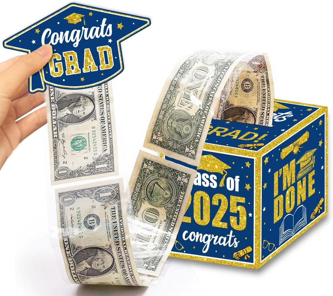 Graduation Decoration Class of 2025 Money Box - Blue and Gold Graduation Money Box for Cash Gift Pull Congrats Grad Card and 100Pcs Transparent Bags for Graduation Gift Party Supplies