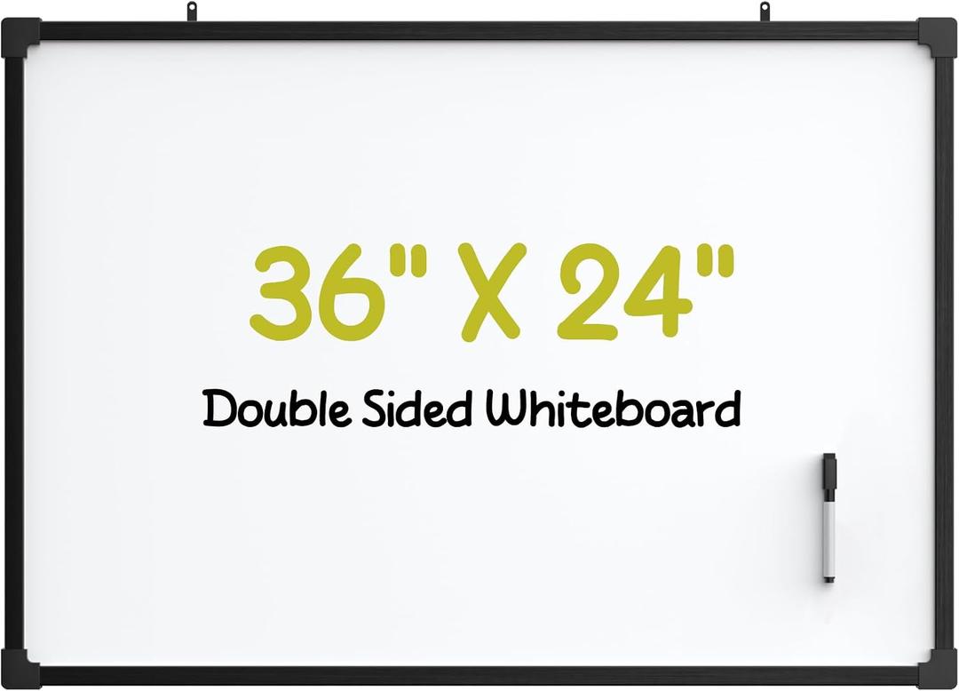 MaxGear Magnetic Dry Erase White Board, 36 X 24 Inches Double Sided Whiteboard, Black Aluminum Frame White Board for Wall, Hanging Planner Board with Dry Erase Marker for School Office Home