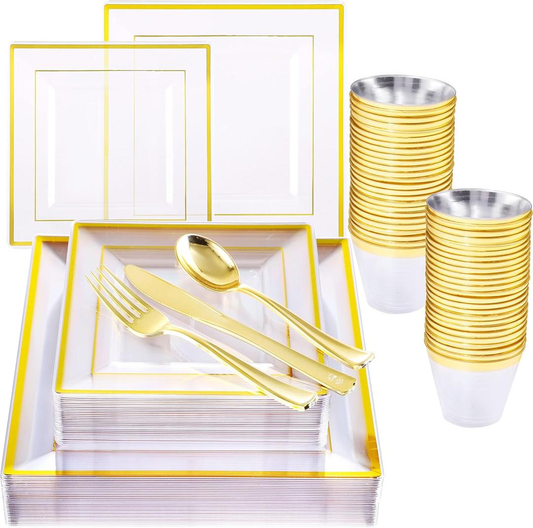WELLIFE 150 Pieces Gold Plastic Square Plates, Clear Square Plastic Plates with Gold Trim, Includes: 25 Dinner Plates10.25, 25 Dessert Plates7.5, 25 Cups 9 OZ, 25 Cutlery