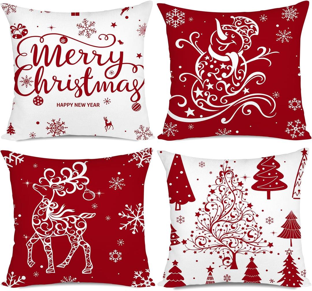 Artmag Red Christmas Throw Pillow Covers 18x18 Set of 4 Decorative Holiday Farmhouse Pillow Covers with Trees, Deer, Snowman, Merry Christmas Design