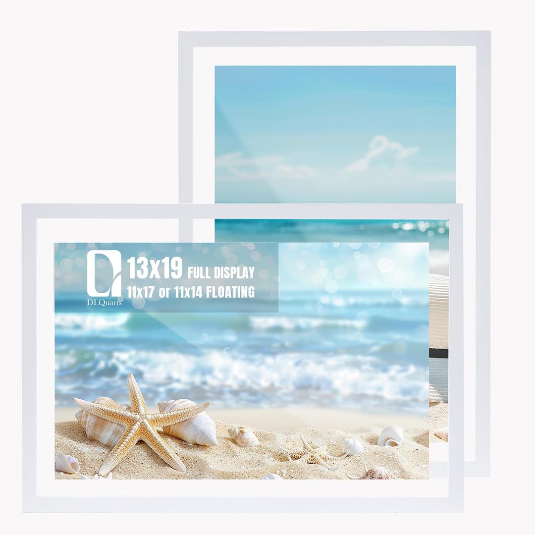DLQuarts 13x19 Floating Picture Frame for 11x17/11x14 Photos, 2-Pack Solid Wood Double Plexiglass Wall Art Frames, Any Size Photo up to 13x19 Display, White