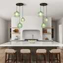 3-Light Glass Globe Light for Kitchen Island, Mid-Century Modern Pendant Ball Chandelier with Green Ribbed Lampshade, Vintage Hanging Ceiling Light Fixture for Dining Room, Over Sink, Table