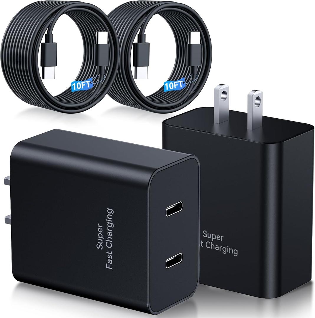 45W Samsung Super Fast Charger,2Pack Dual Port Samsung Charger Fast Charging,Quick Double Type C Android Phone Charger Block 10FT Long USB C Cable for Samsung Galaxy S26 Ultra/S26+/S25/S24/S23/S22/S21