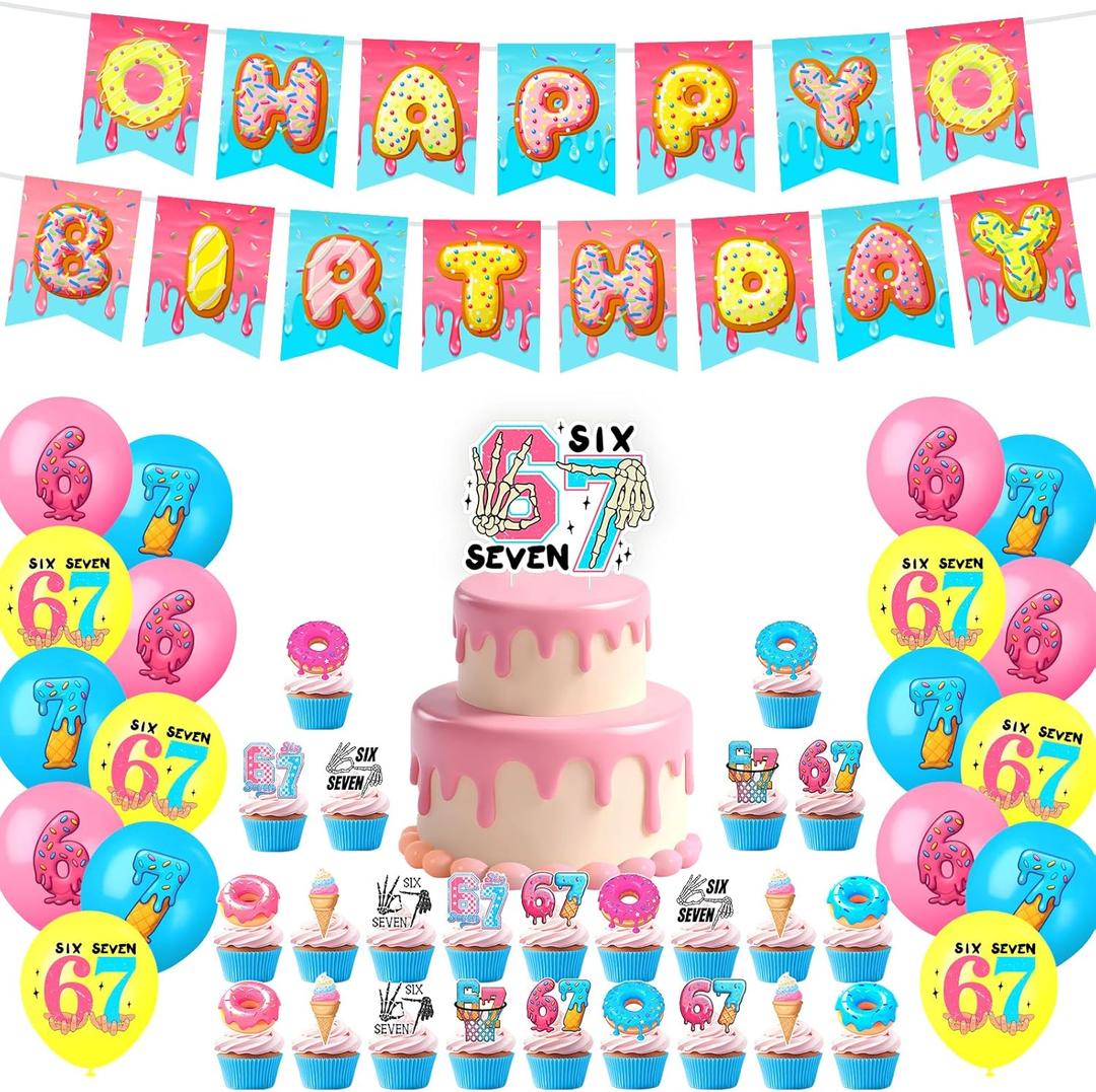 6 7 Birthday Decorations, 67 Meme Themed Birthday Decorations Set Includes Banner, Large Cake Topper, 24 x Cupcake Toppers, 18 x Ballons