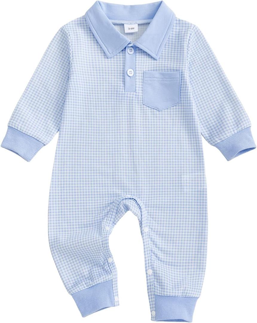 Newborn Baby Boy Winter Clothes Long Sleeve Lapel Jumpsuit Collar Plaid Romper Playsuit Infant Baby Boy Fall Outfit (12-18 Months, Blue)
