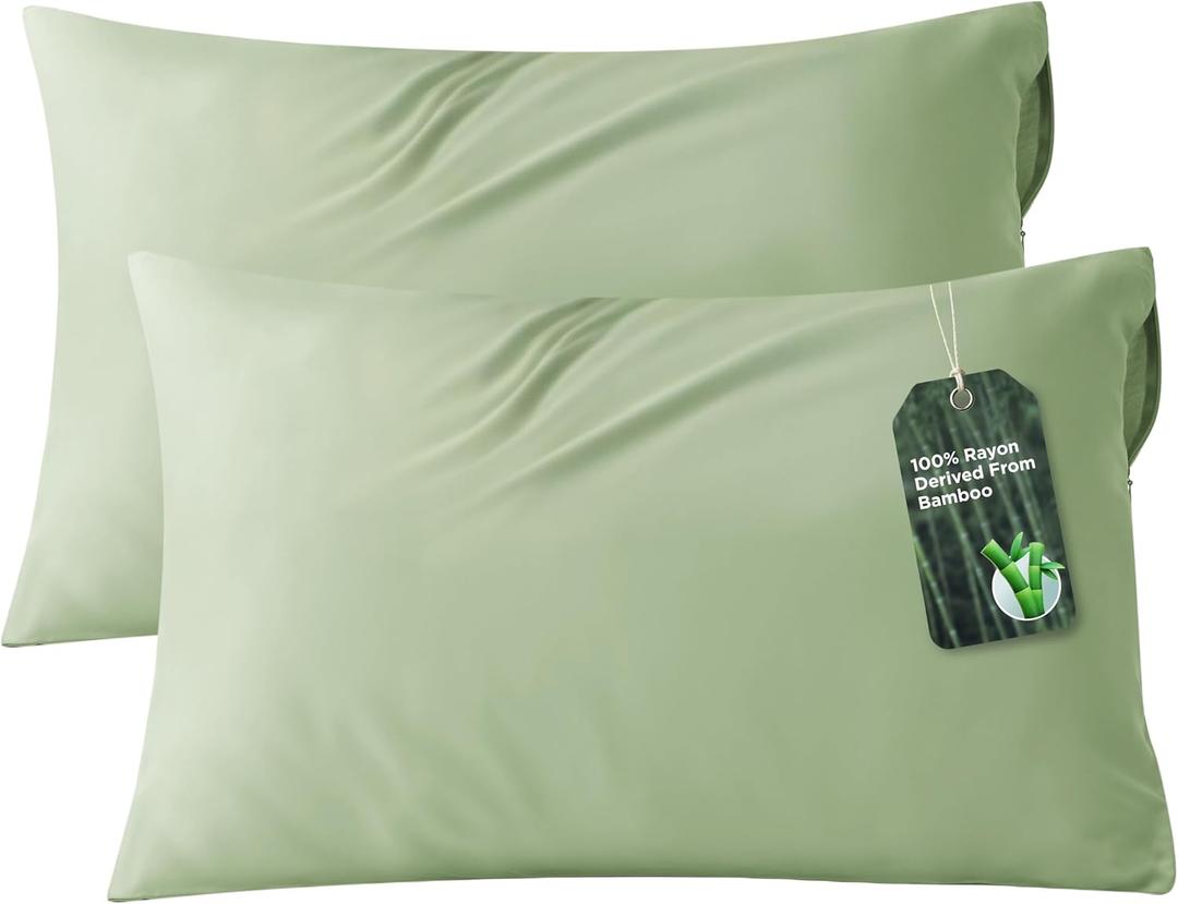 Bedsure Zipper Pillow Cases Queen, Cooling Pillow Cases Queen Size Set of 2, Rayon Derived from Bamboo Cooling Pillowcases for Hot Sleepers, Soft & PureWoven Pillow Covers, Sage Green, 20x30 Inches