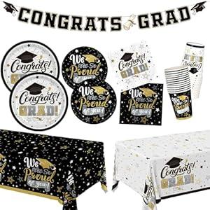 2025 Graduation Decorations Kit: Black and Gold Graduation Party Supplies with Disposable Plates, Napkins, Tablecloth, Cups and Congrats Grad Banner for 24 Guests - Graduation Party Decorations