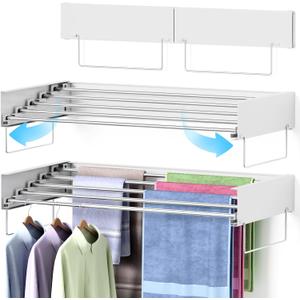 Wall Mounted Drying Rack, Laundry Clothes Drying Rack Foldable, Collapsible Hanger Clothing Wall Mount with 2 Towel Handles and Wall Template for Indoor Outdoor Hanging Clothes, 5 Rods, 31.5 Inch