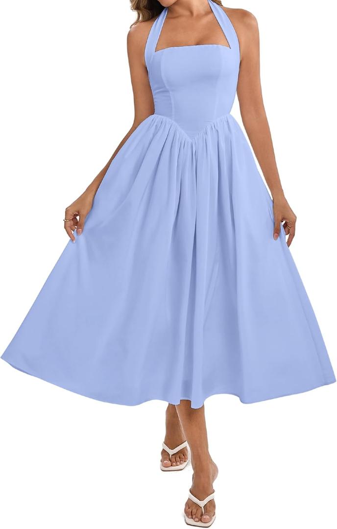 Parthea Women's Floral Halter Corset Midi Dress 2026 Elegant Smocked Flowy Wedding Guest Dresses with Pockets (Medium, Blue)