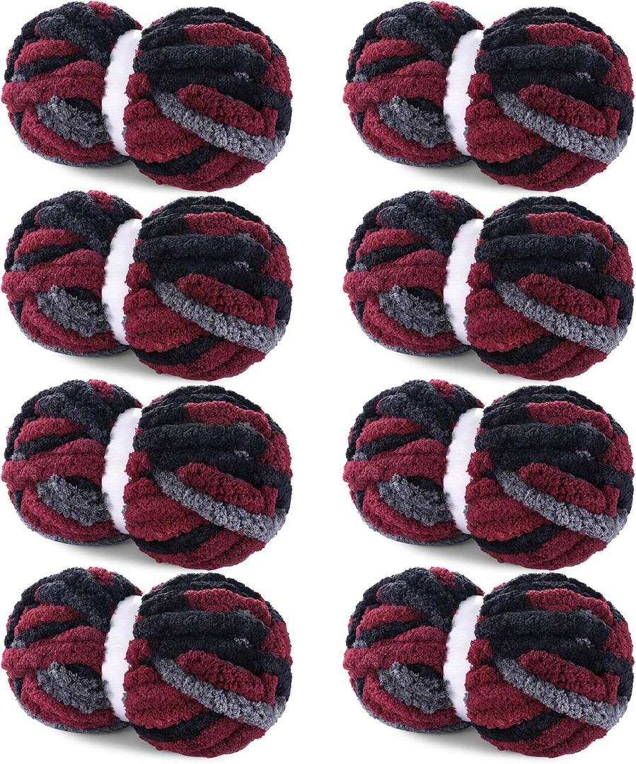 Hombys 8 Pack Giant Chunky Yarn for Crocheting/Hand Knitting - Super Bulky, Soft, Fluffy, Plush Fuzzy Tie Dye Mixed Color Thick Chenille Yarn (Red, Black, Grey)