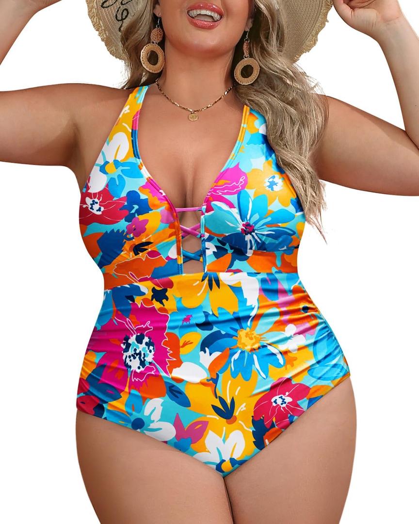 Yonique Women Plus Size One Piece Swimsuit Tummy Control Bathing Suits Lace up Plunge Swimwear (Colorful Flowers)