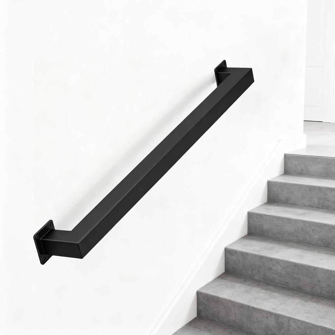 2FT Stair Railing Indoors, Metal Hand Rails for for Stairs Hallway Corridor, Wall-Mounted 500lb Capacity, Black