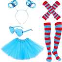 5PCS Blue Tulle Tutus Costume Set for Women Mesh Tutus Skirt Springy Wig Headband Striped Arm Sleeves Socks Heart Glasses Halloween World Book Day Cosplay Party Festival Dress Up