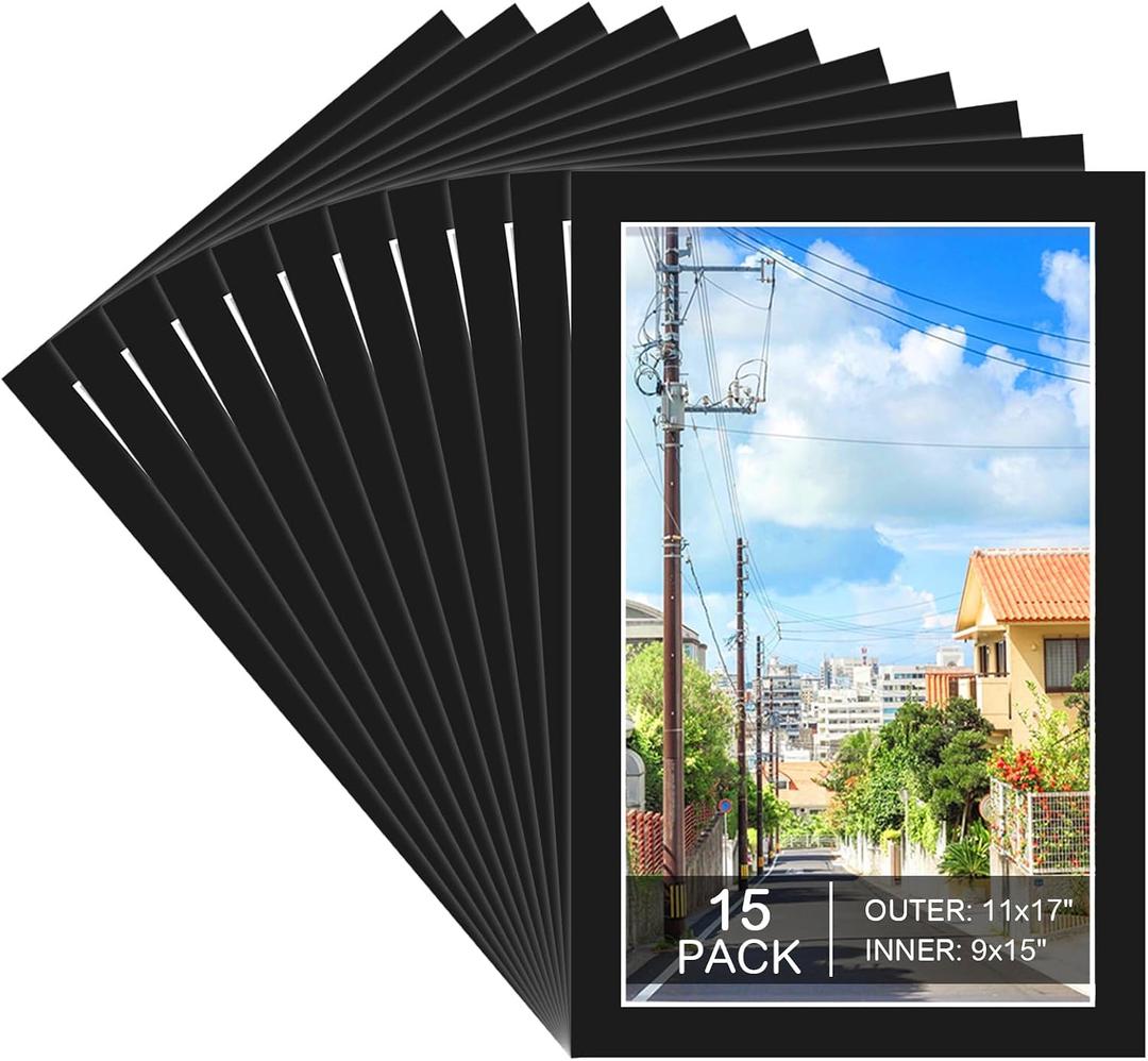 Prudiut 15 Pack 11x17 Black Picture Mats, Frame Mattes for 9x15 Pictures Photo Frame Mat Core Bevel Cut Mat Board Show Kit for Photos, Prints, Artworks