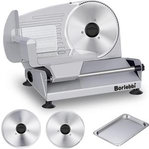 Meat Slicer, 200W Electric Food Slicer with 2 Removable 7.5" Stainless Steel Blades and Stainless Steel Tray, Child Lock Protection, Adjustable Thickness, Food Slicer Machine for Meat Cheese Bread
