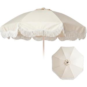 6.5ft Boho Fringe Patio Umbrella Canopy Replacement 8 Ribs Outdoor Umbrella Replacement Beach Tassel Scalloped Edge Canopy for Protection Deck Poolside Picnic Stand Not Included