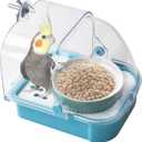 2 in 1 No Mess Bird Feeder,Bird Cage Feeder with Ceramic Bowl and Parrot Bathtub with Bottom Drawer Hanging Tube Shower Box for Birds Budgies Parakeet Small Parrot Cockatiels(Blue)