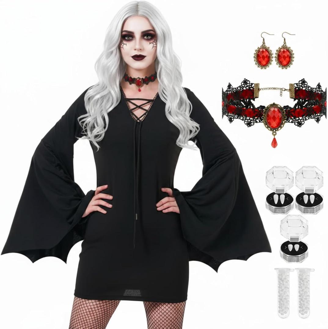 Mepase Halloween Vampire Costume for Women with Teeth Accessories Gothic Witch Dress Vampire Fangs and Necklace Earring (X-Large)