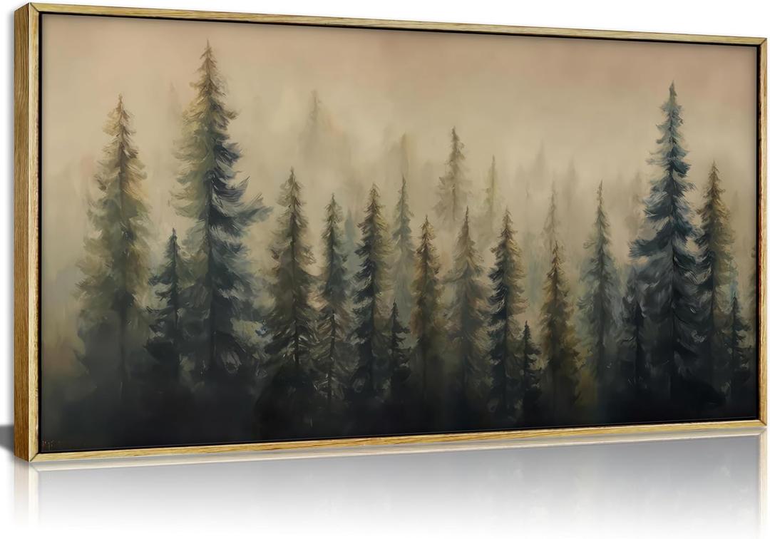 Framed Large Misty Forest Landscape Canvas Wall Art Green Pine Tree and Foggy Mountains Scenery Picture Wall Decor Abstract Nature Woodland Poster Oil Painting Print Artwork for Living Room Bedroom Office, 48"L x 24"W