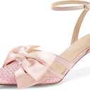 Coutgo Womens Kitten Low Heels Rhinestone Mesh Bow Heels Closed Pointed Toe Ankle Strap Pumps Dress Wedding Shoes (6, Pink)