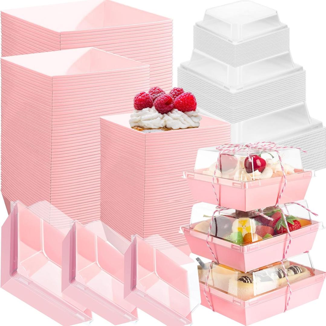 Tatuo 150 Sets Valentine Charcuterie Boxes with Clear Lids and Rope Square Cookie Pink Disposable Dessert Boxes for Valentine's Day Party, Sandwich, Dessert Containers, 3 Sizes