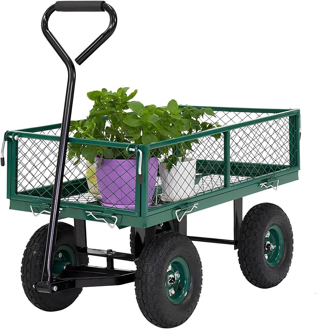 Heavy-Duty Garden Cart – Yard Dump Cart with Removable Mesh Sides & 180° Rotating Handle | Utility Metal Wagon for Yard, Farm, Beach, Lawn, Outdoor Use (Green)