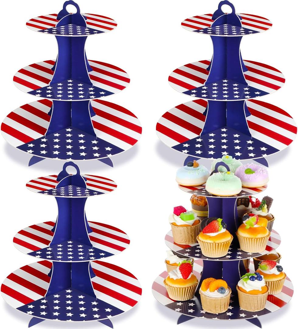4 Pcs 4th of July Holder Patriotic Cupcake Stand with American Flag Independence Day Cupcake Display President's Veterans Day Patriotic Themed Party Decoration, 3 Layers