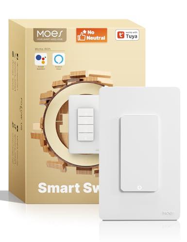 MOES WiFi Smart Light Switches, No Neutral Wire Needed, Require Capacitors, 2.4GHz Single Pole Switch, Compatible with Alexa Google Assistant