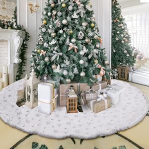 Libima 70 Inches Large Christmas Tree Skirt Faux Fur Xmas Tree Skirt White Plush Velvet with Silver Sequins Snowflakes for Xmas Decorations Merry Christmas Party Winter Home Holiday Ornaments