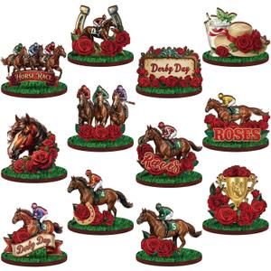 Amyhill 12 Pcs Derby Horse Decorations - Wooden Horse Racing Table Centerpieces with Red Roses, Derby Party Supplies, Horseman Racing Signs for Tiered Tray & Racehorse Themed Table Decor (Races Roses)