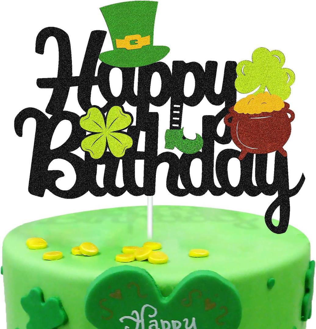 3 x St Patrick’s Day Birthday Cake Topper Lucky St Paddy’s Day Four Leaf Clover Shamrock Irish Themed Cake Smash Decorations for Happy Birthday 1ST 2nd Bday Black Party Supplies