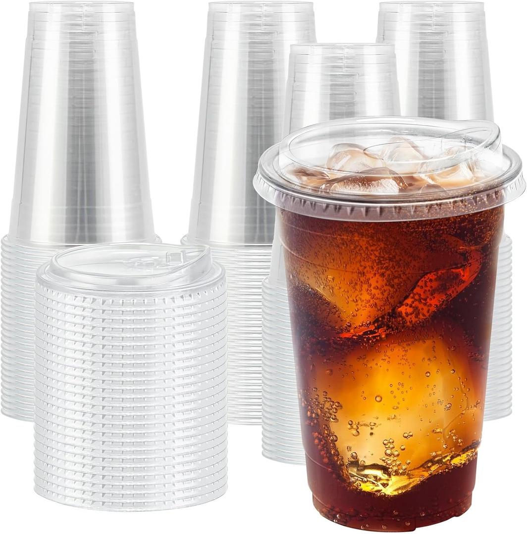 20 oz 100 Pack Clear Plastic Cups with Lids, Sturdy Iced Coffee Cups with Sip Lids, Disposable Food Safe Smoothie Cup for Cold Drinks, Juice, Milkshake