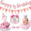 Spakon Glitter Half Birthday 6 Months Happy Birthday Banner Set Happy 1/2 Birthday Baby Boy Girl 1/2 Half Year Cake Topper Triangle Flag Banner 1/2 Birthday Crown Hat Bow Tie (Rose Gold)