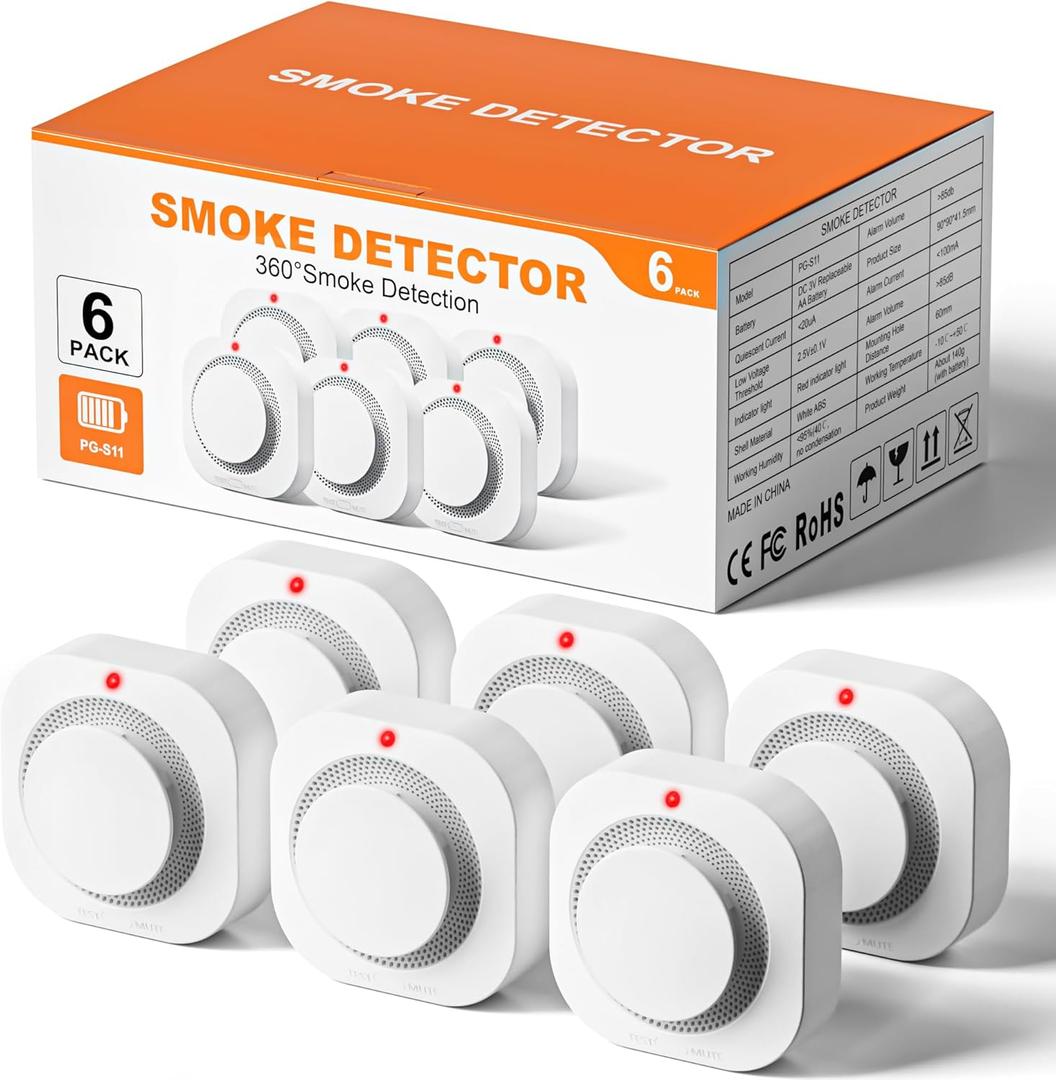 Smoke Alarm Fire Detector,Battery Operated Photoelectric Smoke Detector with Test Button and Low Battery Warning, Fire Alarms Smoke Detectors for Home, 6 Pack MFD: 03/2026
