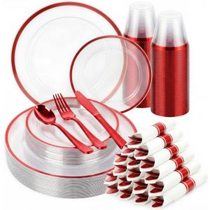 350pcs Plastic Dinnerware Set,Clear and Red Disposable Plastic Plates for 50 Guests Include 100 Plastic Plates,150 Plastic Silverware Set,50 Cups and 50 Pre Rolled Napkins for Father's Day