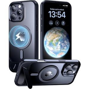 Strong Magnetic Case for iPhone 16 Pro Max, Built-in Invisible Kickstand, MagSafe Compatible, Military Grade Drop Protection, Adjustable Kickstand Phone Case, Slim Translucent Matte Black