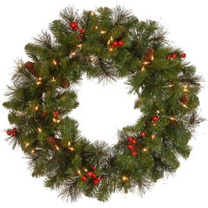 National Tree Company 24 in Pre-Lit Crestwood Spruce Artificial Christmas Wreath, Christmas Decoration with Glitter, Pinecones, Red Berries, 50 Clear Lights, 160 Tips, Green