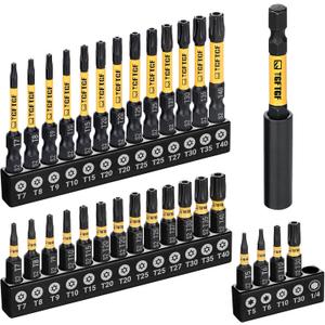 Impact Torx Bit Set 31PCS (T5 T6, TT7-TT40), 1 2 S2 Steel Security Torx, Tamper Proof Star Bit Set with Magnetic CNC Machined Tips, Impact Screwdriver Bits with Bit Holder Storage Case
