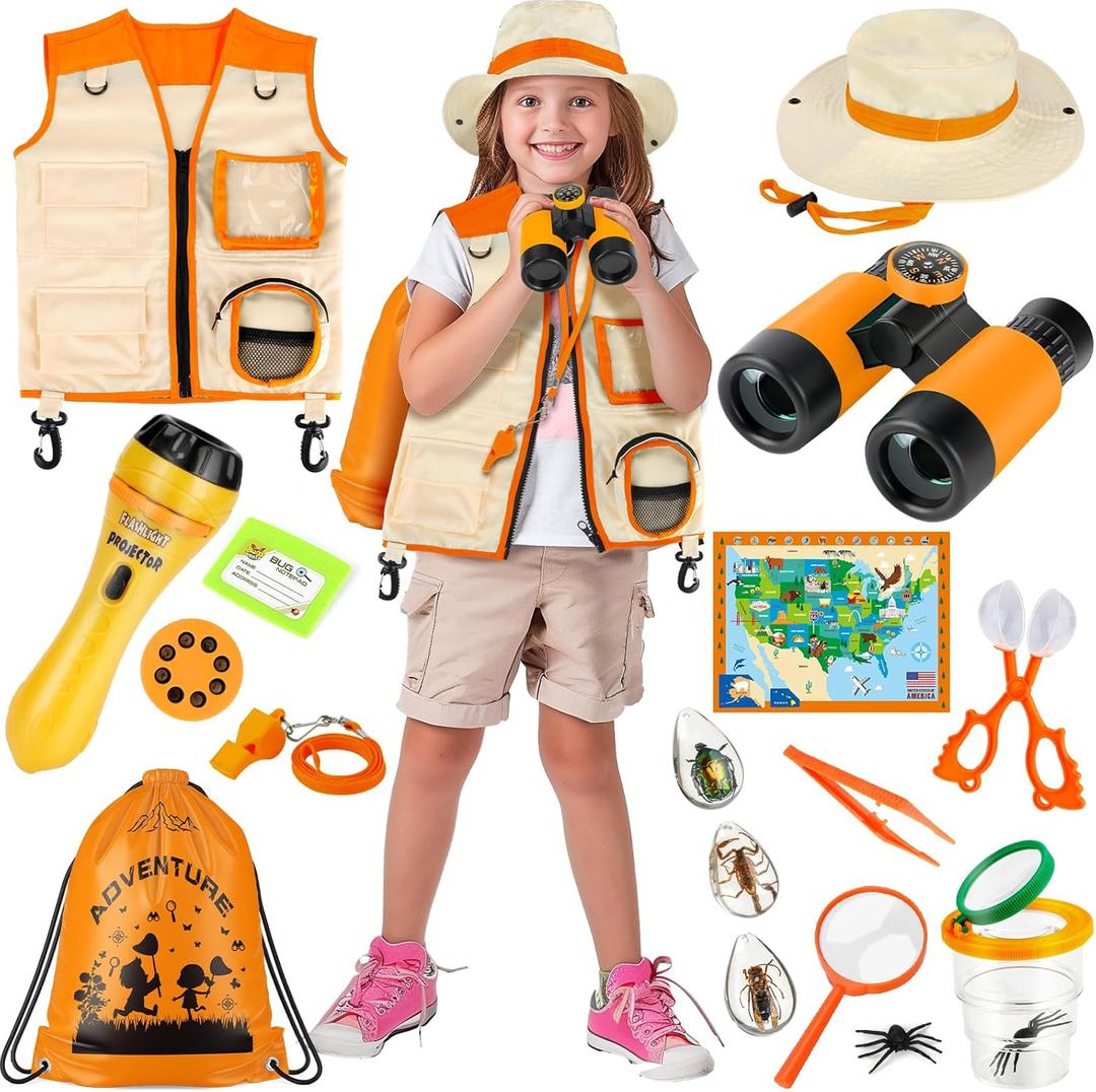 Kids Explorer Kit & Bug Catcher Kit for Kids, 15 PCS Explorer Kit with Kids Safari Vest, Flashlight Projector, Insect Specimens, Binoculars, Outdoor Exploration Camping Toy for Kids Age 3-8