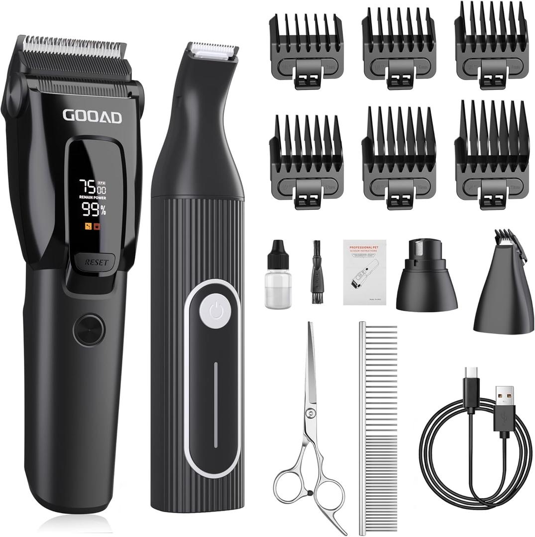 Dog Clippers for Grooming Heavy Thick Hair & Coats, 7500rpm Low Noise Cordless Pet Shaver, Dog Grooming Kit with Paw Trimmer Nail Grinder for Small Large Dogs (Black&white)