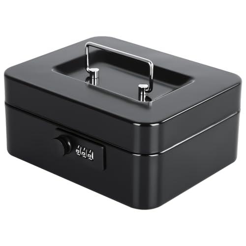KYODOLED Cash Box with Combination Lock Safe Metal Money Box with Money Tray for Security Lock Box 7.87"x 6.30"x 3.35" Black