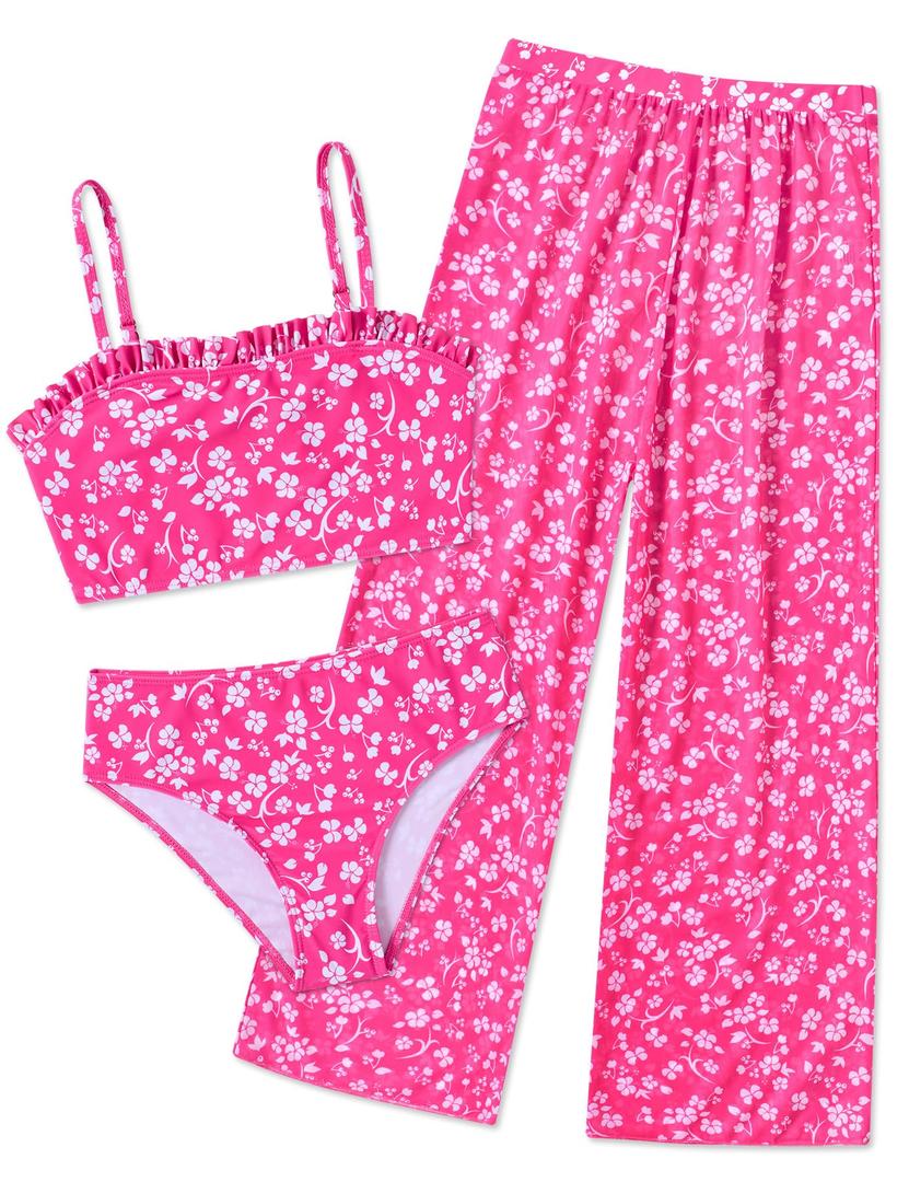 Pink Bikini for Girl Size 9-10 Swimwear Big Girl Bathing Suits 9 10 Girl's Rash Guard White Floret Tankini Flowers Rashguard 3 Pieces High Waisted Swimsuit Pants Ruffle Coverup Cute Swim Bottoms