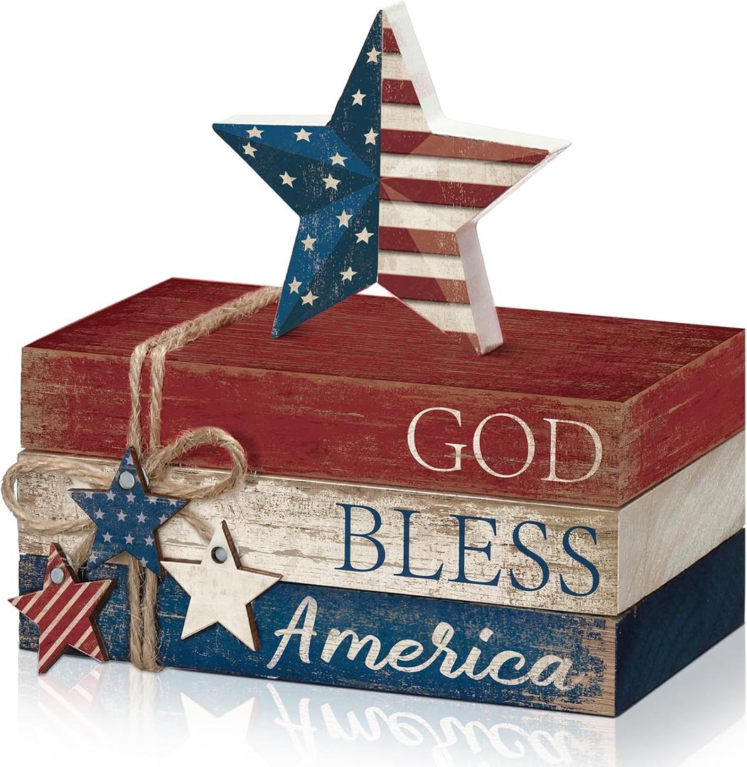 4 Pcs 4th of July Decorations Patriotic Tiered Tray Decorations Signs Rustic Memorial Day Decor Book Block Sign for 250th Anniversary Farmhouse Table Home Tabletop Shelf(Star)