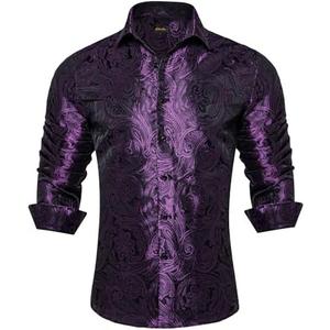 DiBanGu Silk Paisley Dress Shirts for Men Long Sleeve Button Down Shirt Casual Regular Fit Mens Shirts Wedding Party, Dark Purple, Medium