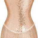 IBAKOM Women Fringe Sequins Bodysuit Latin Jazz Dance Dress Sparkly Tassel Rave Outfits Acrobat Circus Hip Hop Dance Costume (Beige, XXL)